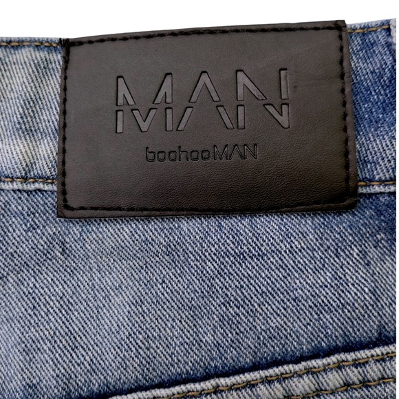 BoohooMAN Patchwork Jeans Mens 32 Blue Denim Frayed Hem Distressed Button Fly - Picture 6 of 10